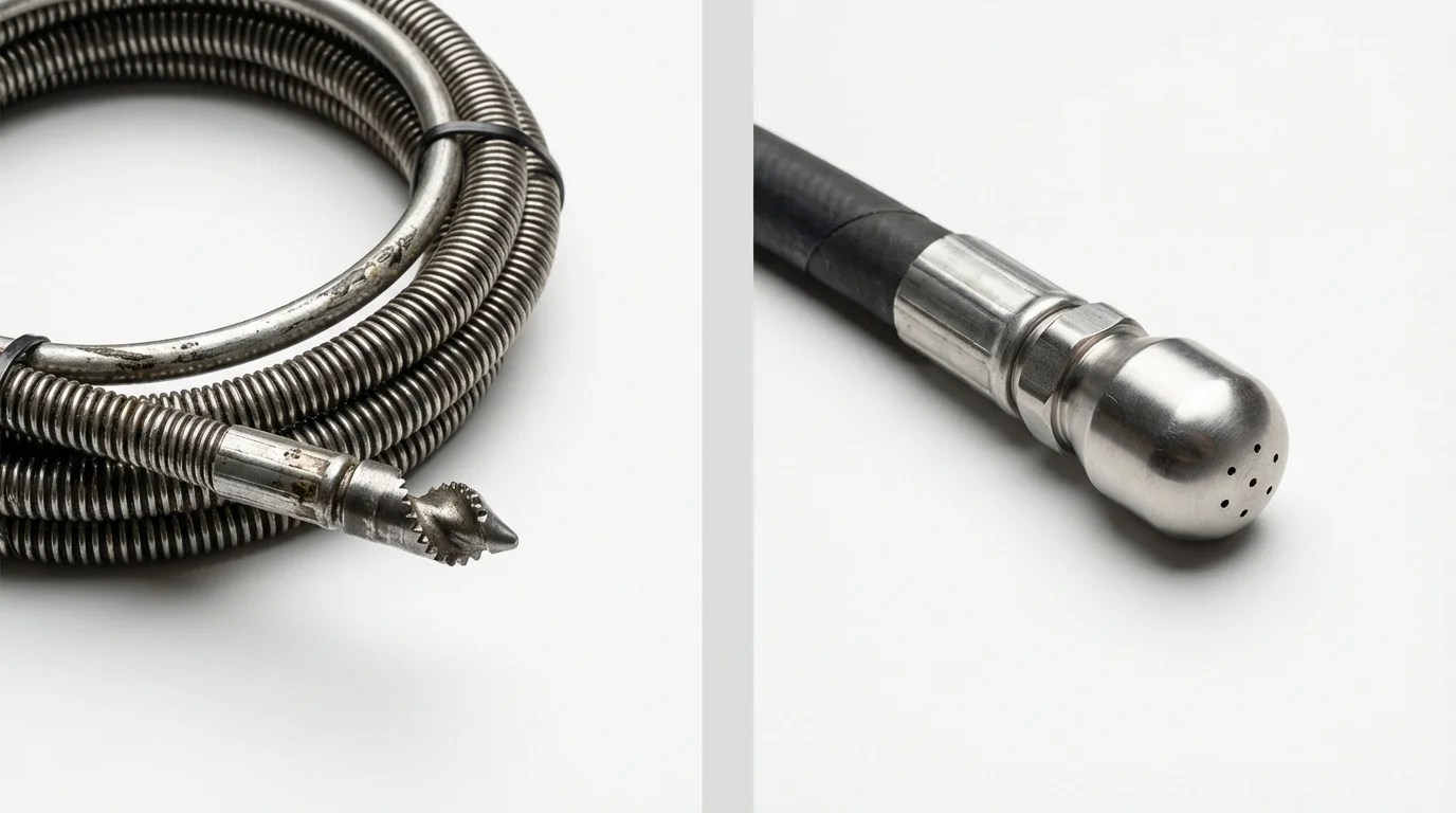 Drain snake cable and hydro jetting nozzle used for drain cleaning in Southport, CT