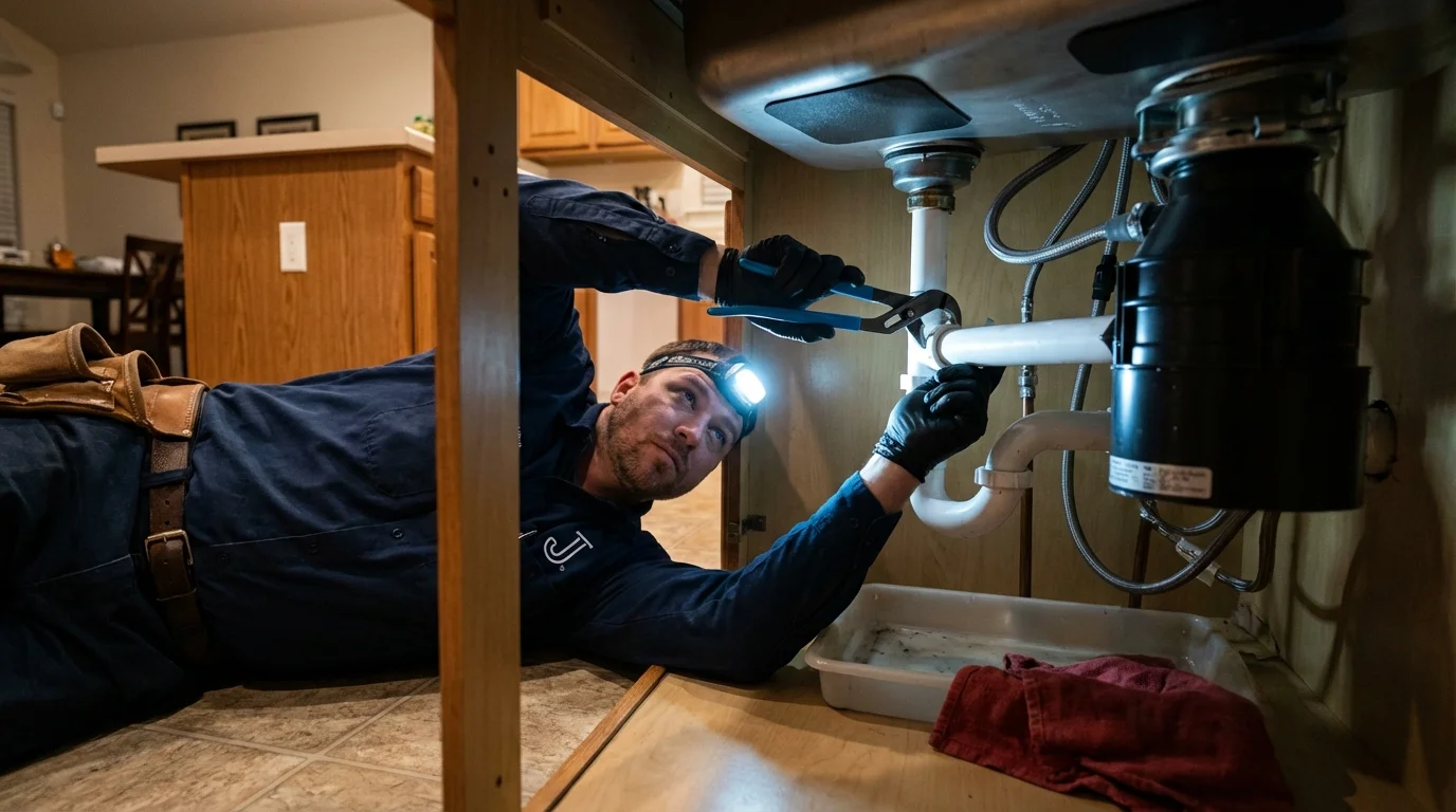 P-trap and supply line connections under a kitchen sink showing a common leak point in Southport, CT